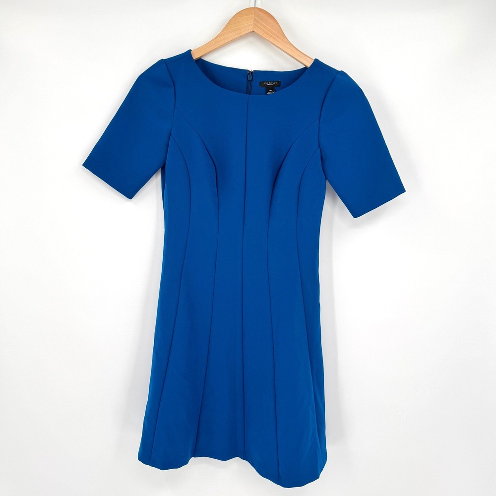 Ann Taylor Petite Royal Blue Short Sleeve Pleated Sheath Dress Womens 0P
